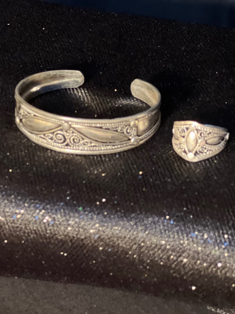 Silver Ring and Bracelet set.  Vintage, Handcrafted and purchased in Morocco